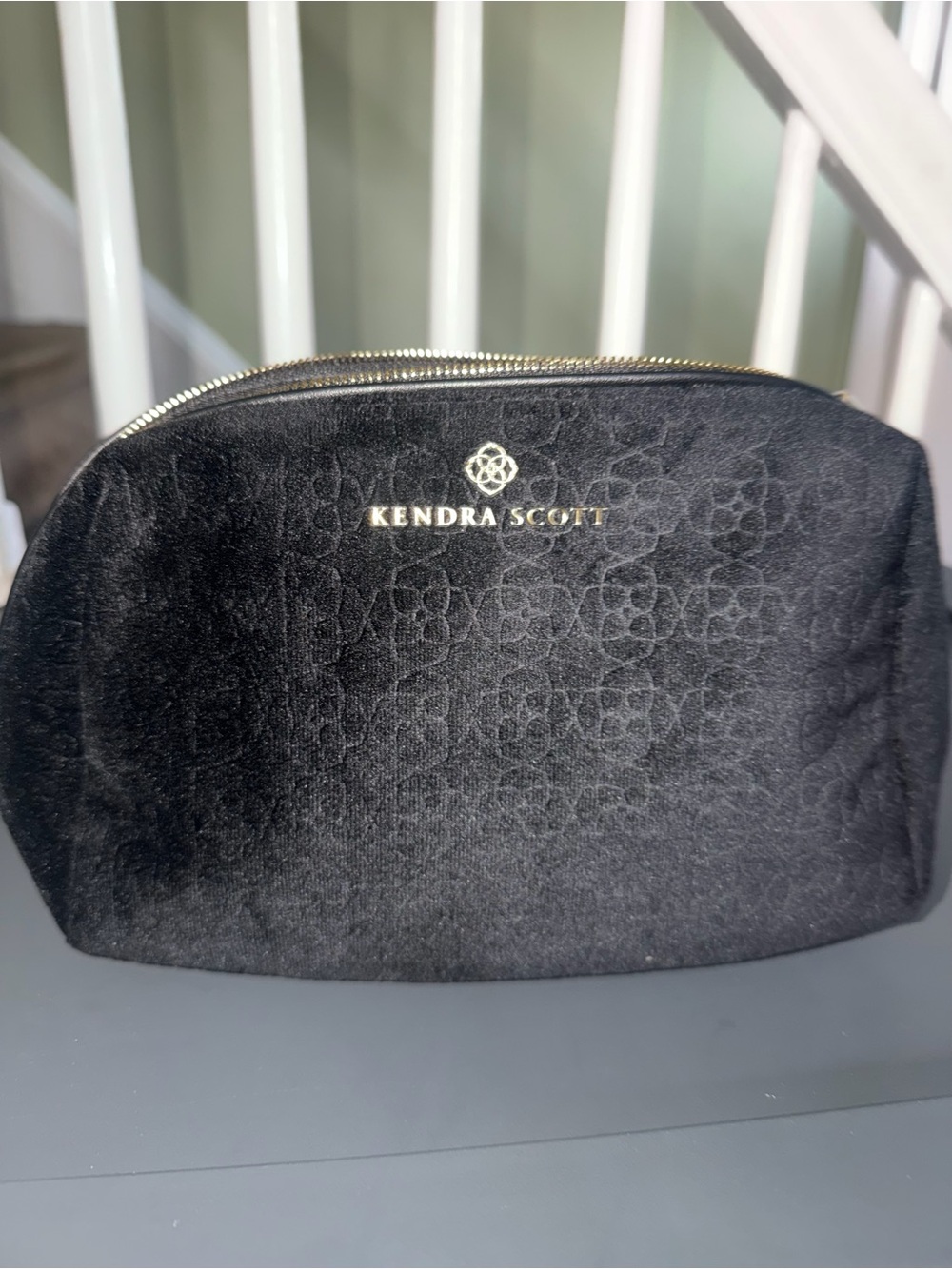 Kendra Scott Black Velvet Signature Monogram Cosmetic Pouch with Gold Logo